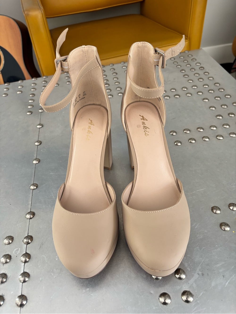 Ankis Ankle-Strap Platform Pumps in Nude, block heels, 4inch